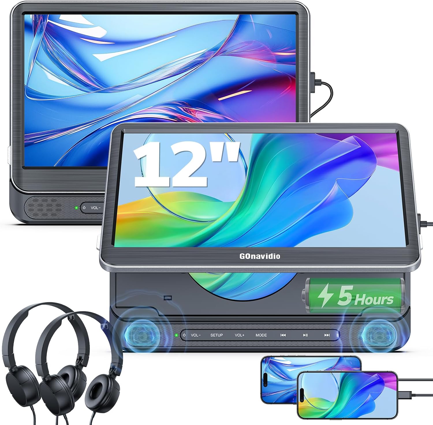 12-Inch Dual Car Headrest DVD Players with HDMI, 5-Hour Battery, Screen Mirroring, USB/TF, MP4/MKV