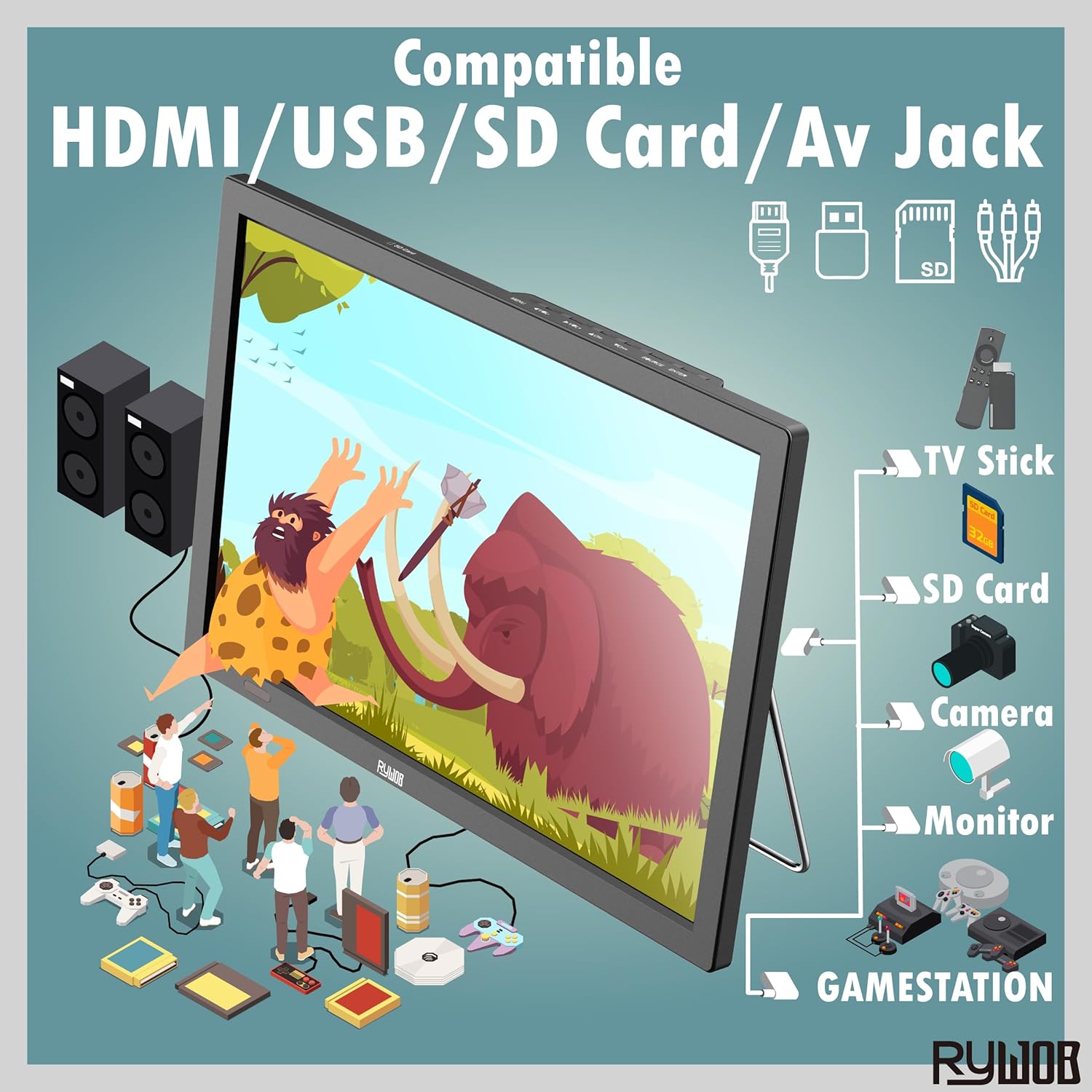 15.6 Inch Portable Digital TV ATSC 1080P LCD 4000mAh Battery HDMI USB AV Input Remote Stand - Image 4