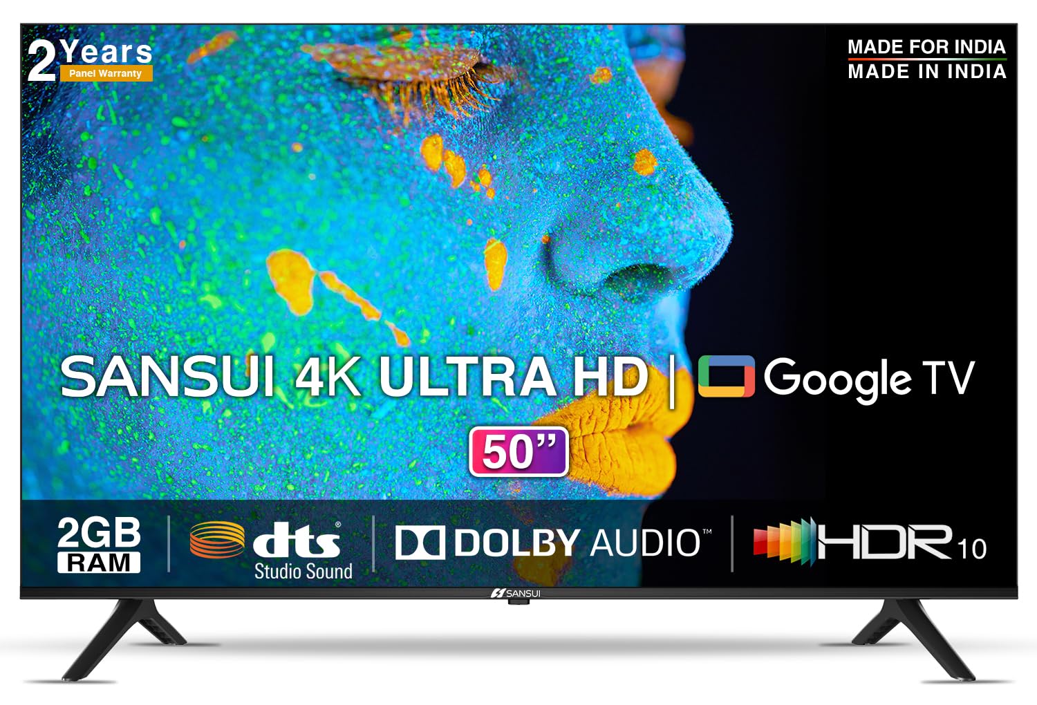SANSUI 50 Inch 4K Ultra HD Smart Google LED TV with Dolby Audio Zen Panel Black