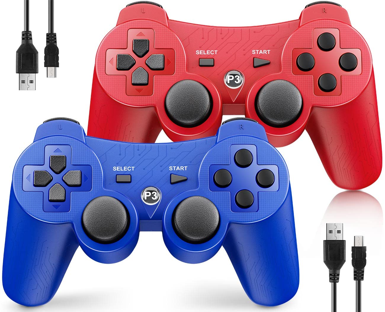 OKHAHA 2 Pack PS3 Wireless Controllers for Sony Playstation 3 Double Shock 3 Rechargeable Motion Sensor Remote Blue Red Stripes