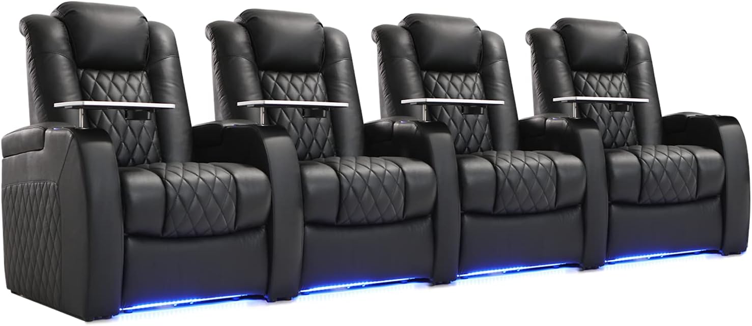 Black Top Grain Leather 4-Seat Home Theater Recliner Sofa with Power Headrest, Tray Table, and USB Charging