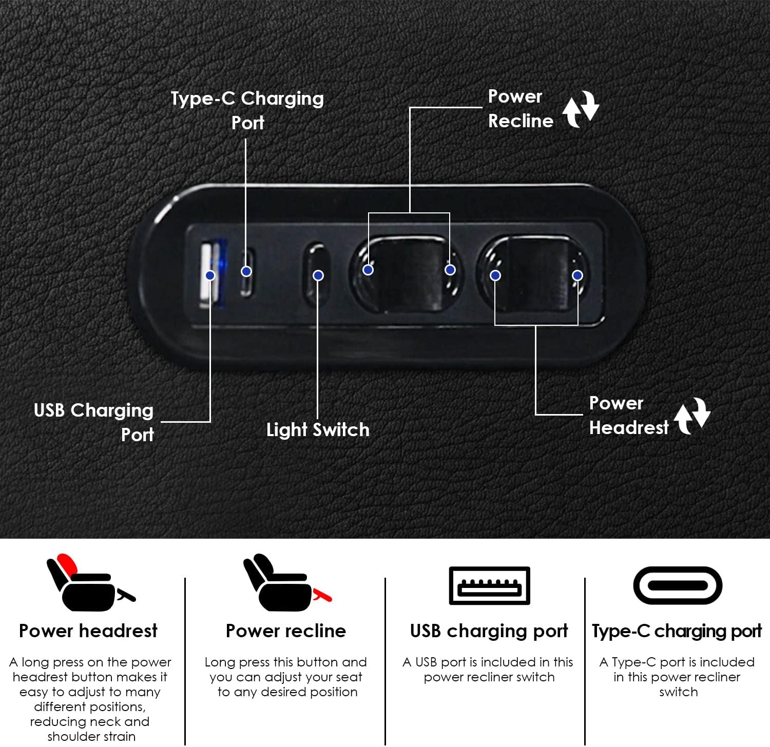 Black Top Grain Leather 4-Seat Home Theater Recliner Sofa with Power Headrest, Tray Table, and USB Charging - Image 7