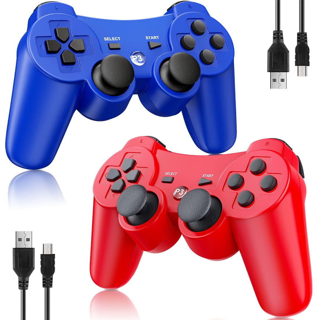 OKHAHA PS3 Wireless Controller 2 Pack Blue Red Rechargeable Motion Sensor