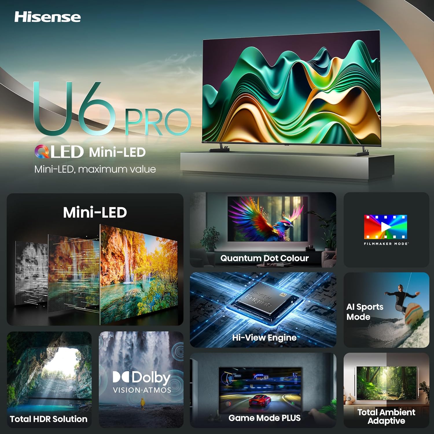 Hisense 55 Inch 4K UHD Smart QLED Mini LED TV 55U6N PRO Black Refurbished - Image 3