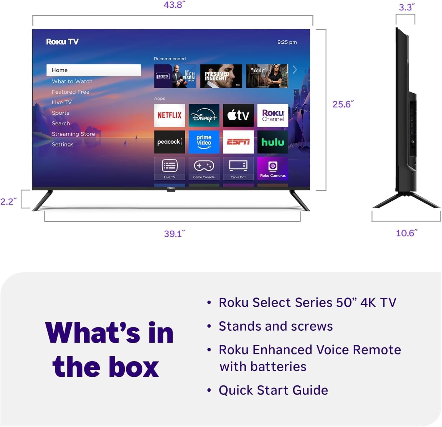 Roku 43-Inch Select Series 4K UHD Smart TV with HDR, Dolby Audio, Alexa Voice Remote, Bluetooth, AUX HDMI Cable, 1-Year Protection Plan, Streaming Kit - Image 2