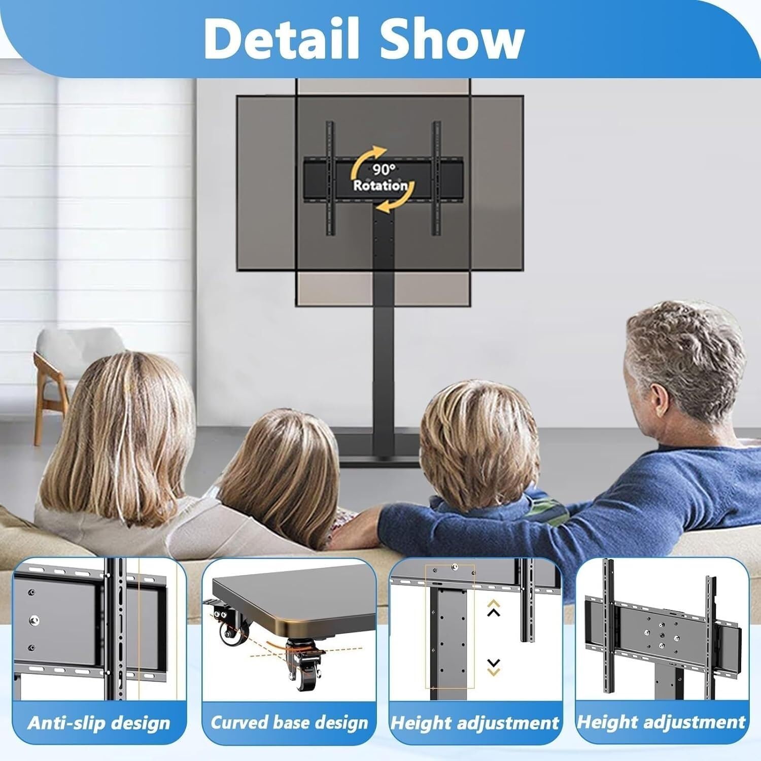 Rolling TV Cart Stand for 32-75 Inch TVs with Wheels, Adjustable Height, VESA Mount, Portable Entertainment Center - Image 6