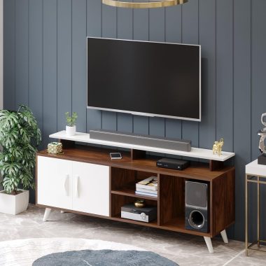 BLUEWUD Engineered Wood TV Stand for Living Room, Holds Up to 55 Inch TV, Brown Maple & White