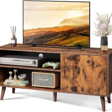 WLIVE 50 Inch Mid-Century Modern TV Stand with Storage Cabinet for Living Room Bedroom Brown