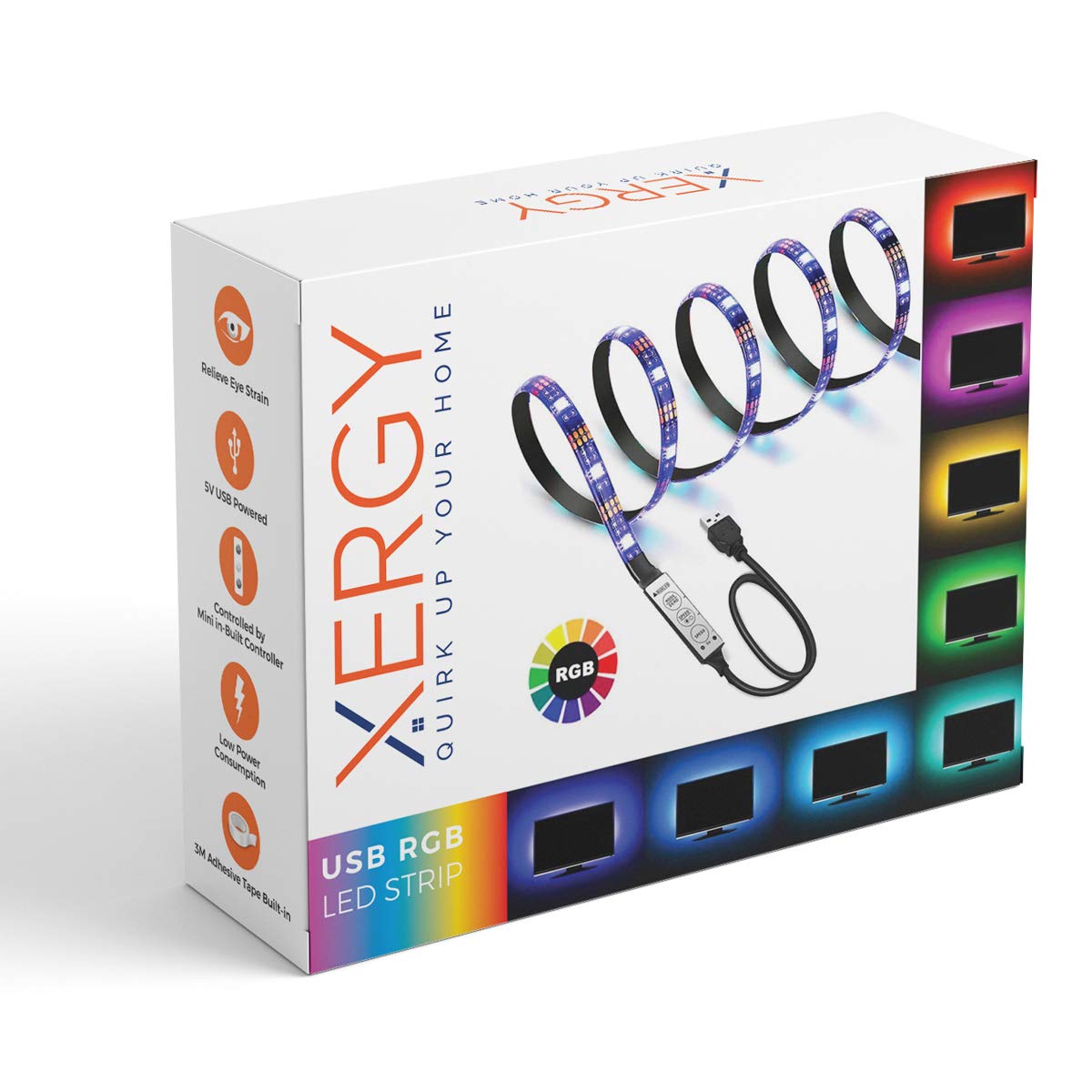 XERGY 5V USB 5050 RGB LED Flexible Strip Light Kit, 3 Meter, Multi-Color TV Bias Lighting with Mini Controller