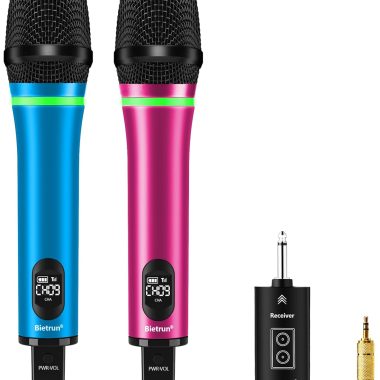Bietrun Rechargeable Dual Metal Dynamic Wireless Microphones with Bluetooth UHF 240FT Range Blue and Pink