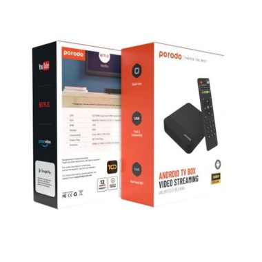 Porodo Android TV Box 1+8 GB Support 4K with BT RCU and USB Dongle Quad Core USB Flash & Connectivity Dual Band WiFi 2.4/5 GHz 1080P Full HD 1GB RAM 8GB Storage – Black