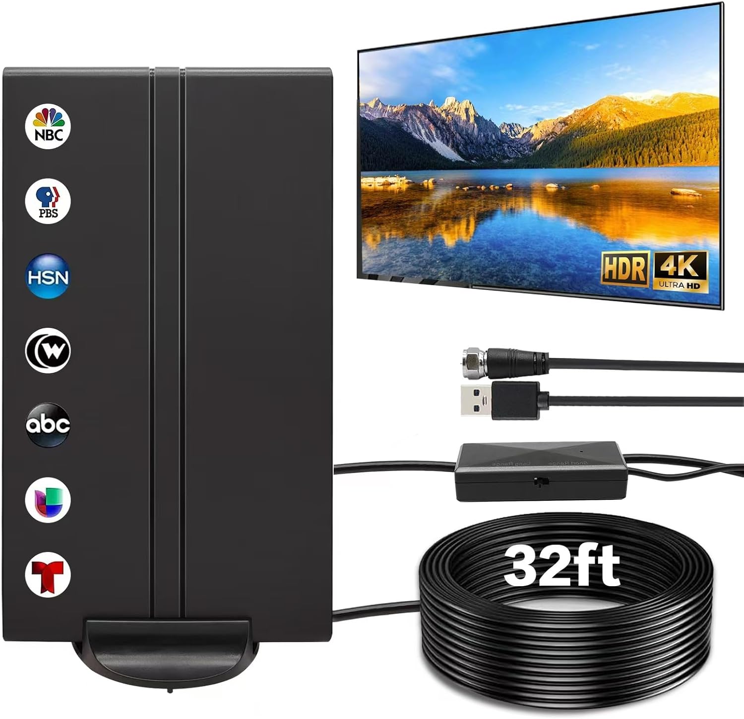 2025 1800+ Mile Range Smart TV Digital Antenna Indoor Outdoor 32ft Cable 4K 8K
