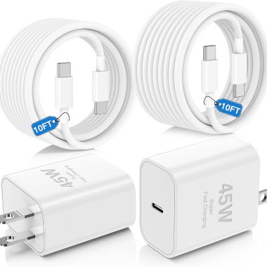 2-Pack 45W USB C PD 3.0 Fast Charger Block with 10FT Cable for iPhone 16/15, iPad Pro, MacBook Air/Pro