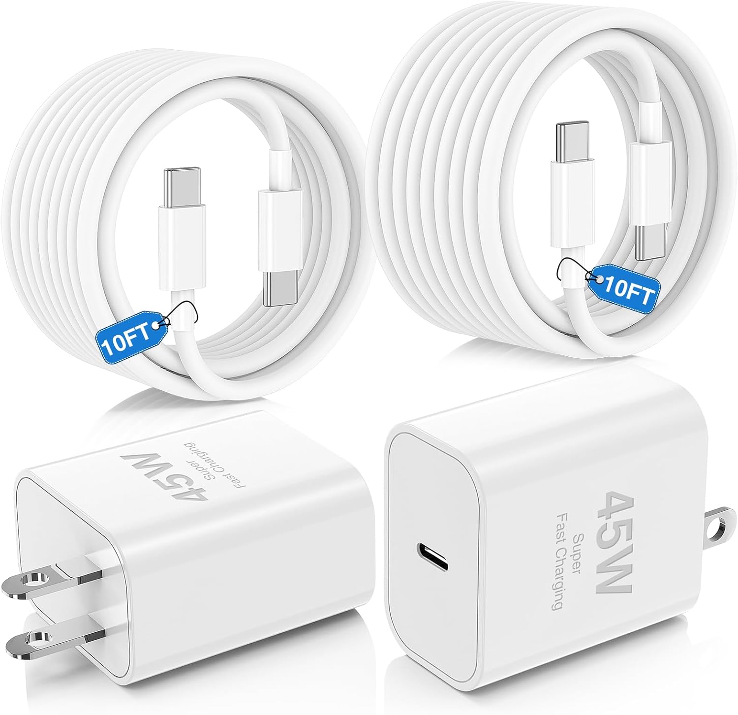 2-Pack 45W USB C PD 3.0 Fast Charger Block with 10FT Cable for iPhone 16/15, iPad Pro, MacBook Air/Pro
