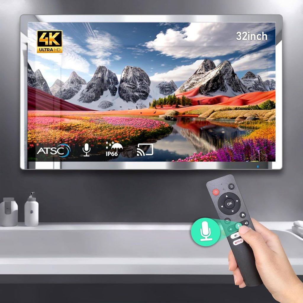 32 Inch 4K Ultra HD Android 13 Smart Bathroom Mirror TV IP66 Waterproof Voice Control Wi-Fi