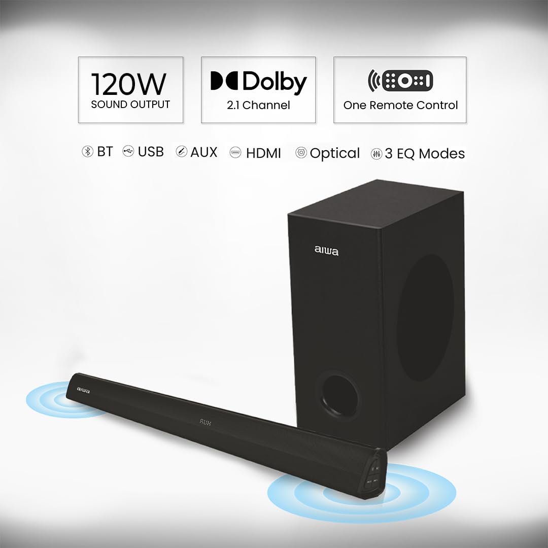 Aiwa Signature Soundbar 2.1 Channel 120W Bluetooth V5.3 Surround Sound with 5.25 Inch Subwoofer and Remote Control Black - Image 3