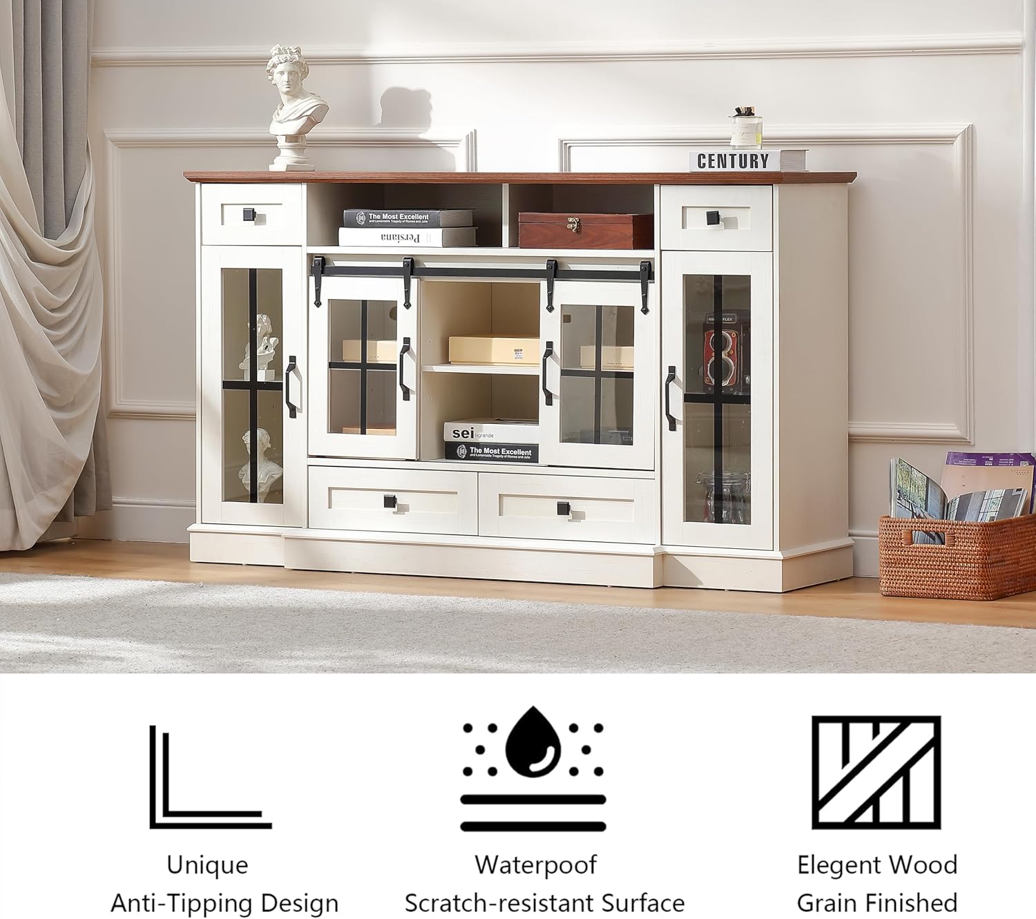 Antique White 59.2 Inch TV Stand for TVs up to 65 Inches with Sliding Doors and Open Storage - Image 3