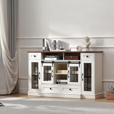 Antique White 59.2 Inch TV Stand for TVs up to 65 Inches with Sliding Doors and Open Storage