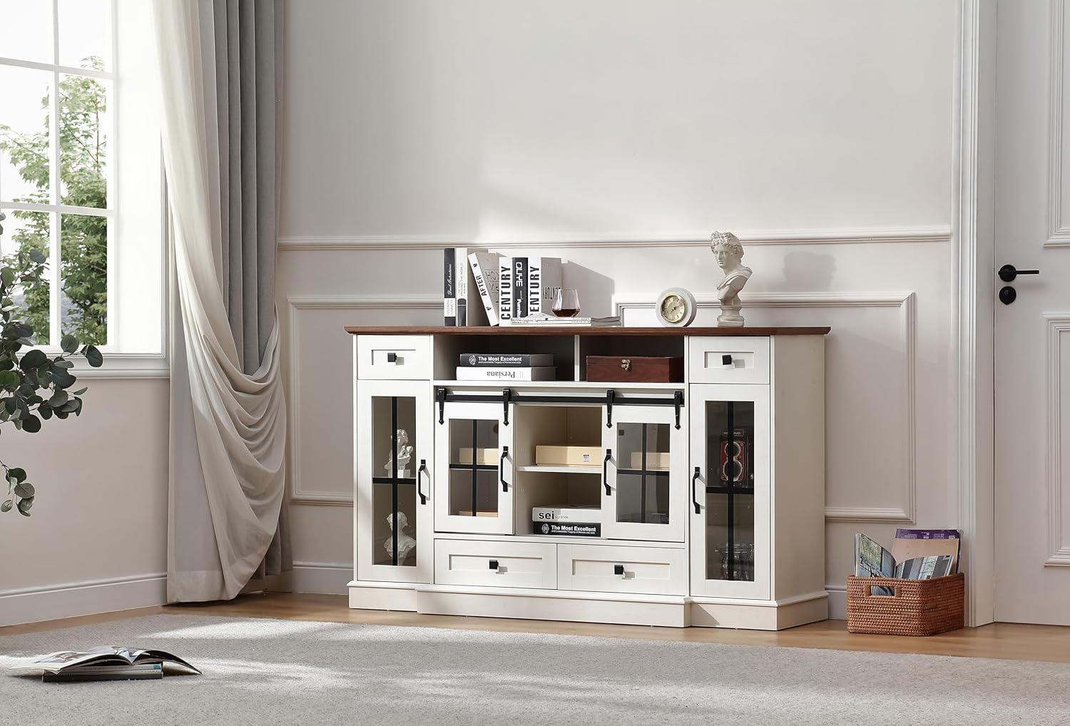 Antique White 59.2 Inch TV Stand for TVs up to 65 Inches with Sliding Doors and Open Storage