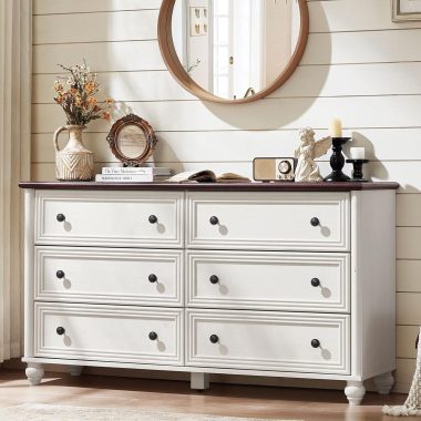54 Inch Wide Farmhouse Wood Dresser with 6 Drawers Vintage Rustic Design for Bedroom Living Room