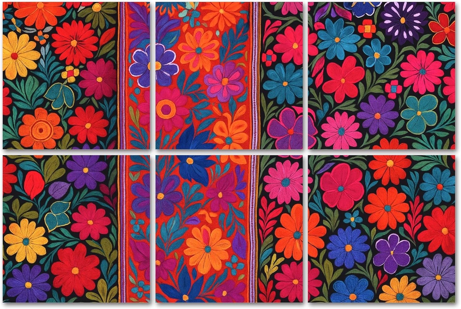 Vibrant Floral Mexican Fabric 6 Panel Art Acoustic Soundproof Wall Padding Decorative Sound Absorbing Panels 72"x48"