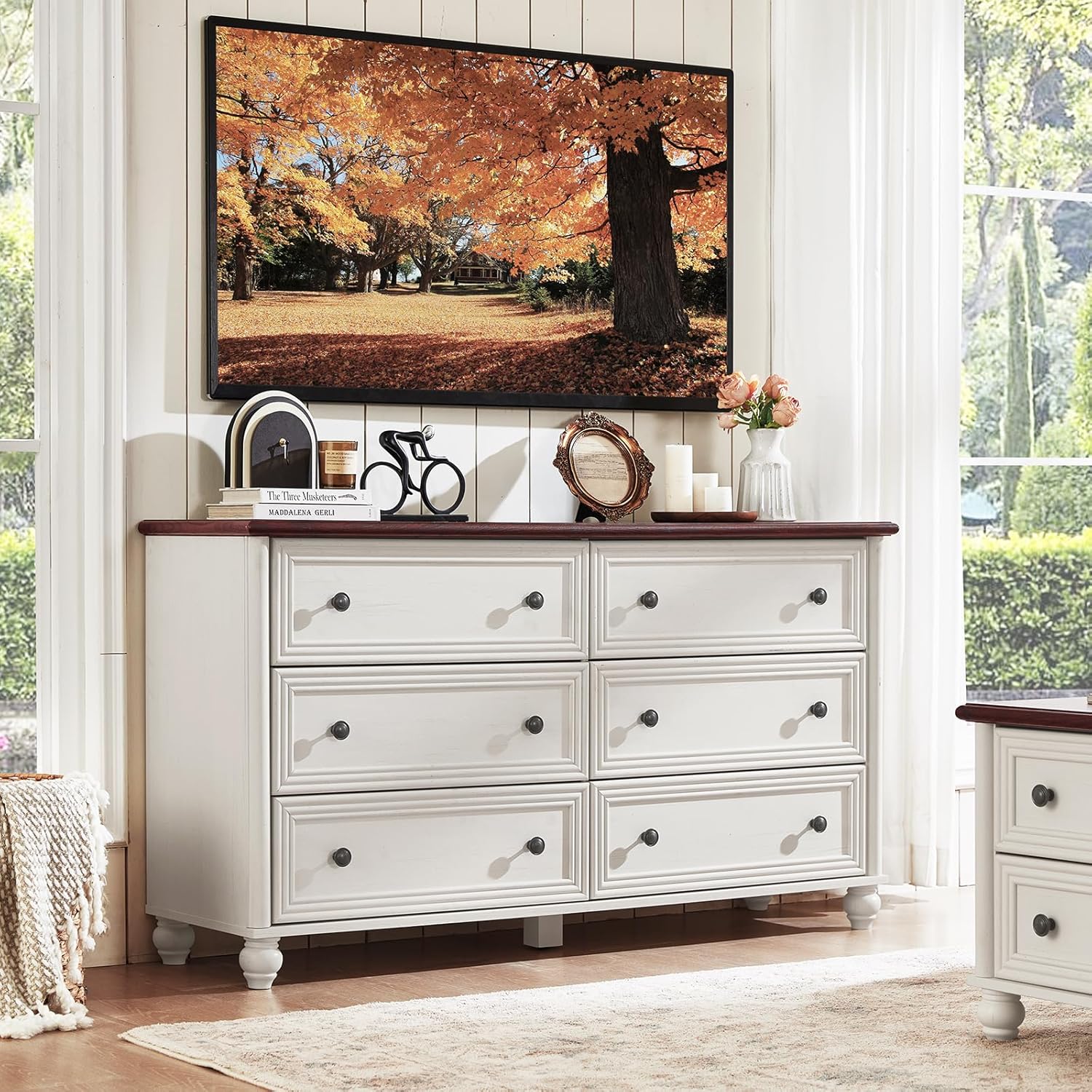 54 Inch Wide Farmhouse Wood Dresser with 6 Drawers Vintage Rustic Design for Bedroom Living Room - Image 5