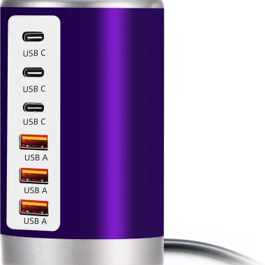 60W Purple 6-Port USB Charging Station with 3 USB-A and 3 USB-C Ports