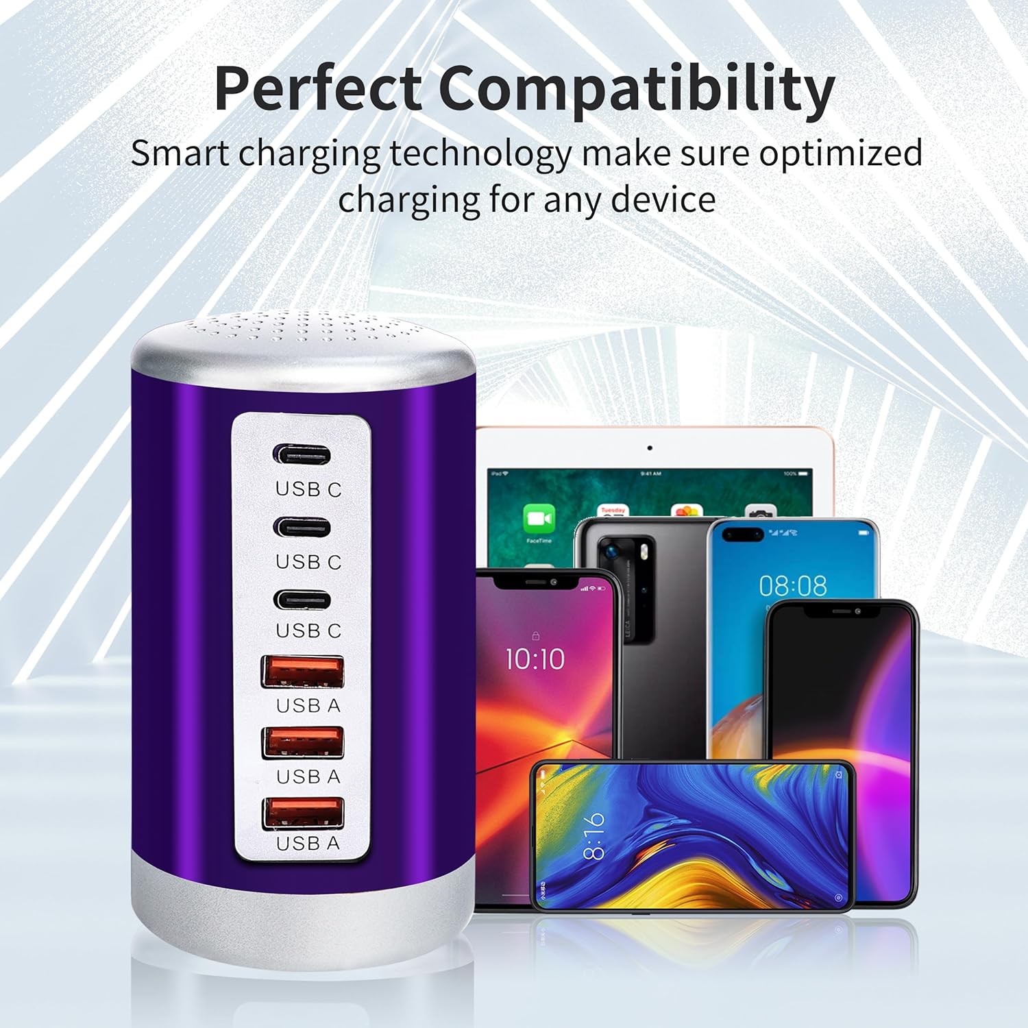 60W Purple 6-Port USB Charging Station with 3 USB-A and 3 USB-C Ports - Image 3