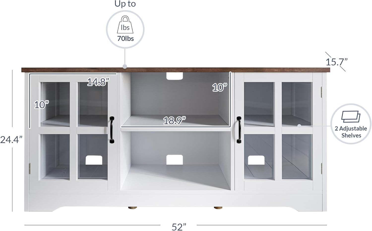 BELLEZE Modern 52 Inch White Media Console Sideboard Buffet for TVs up to 55 Inch Wood Glass Storage - Image 5