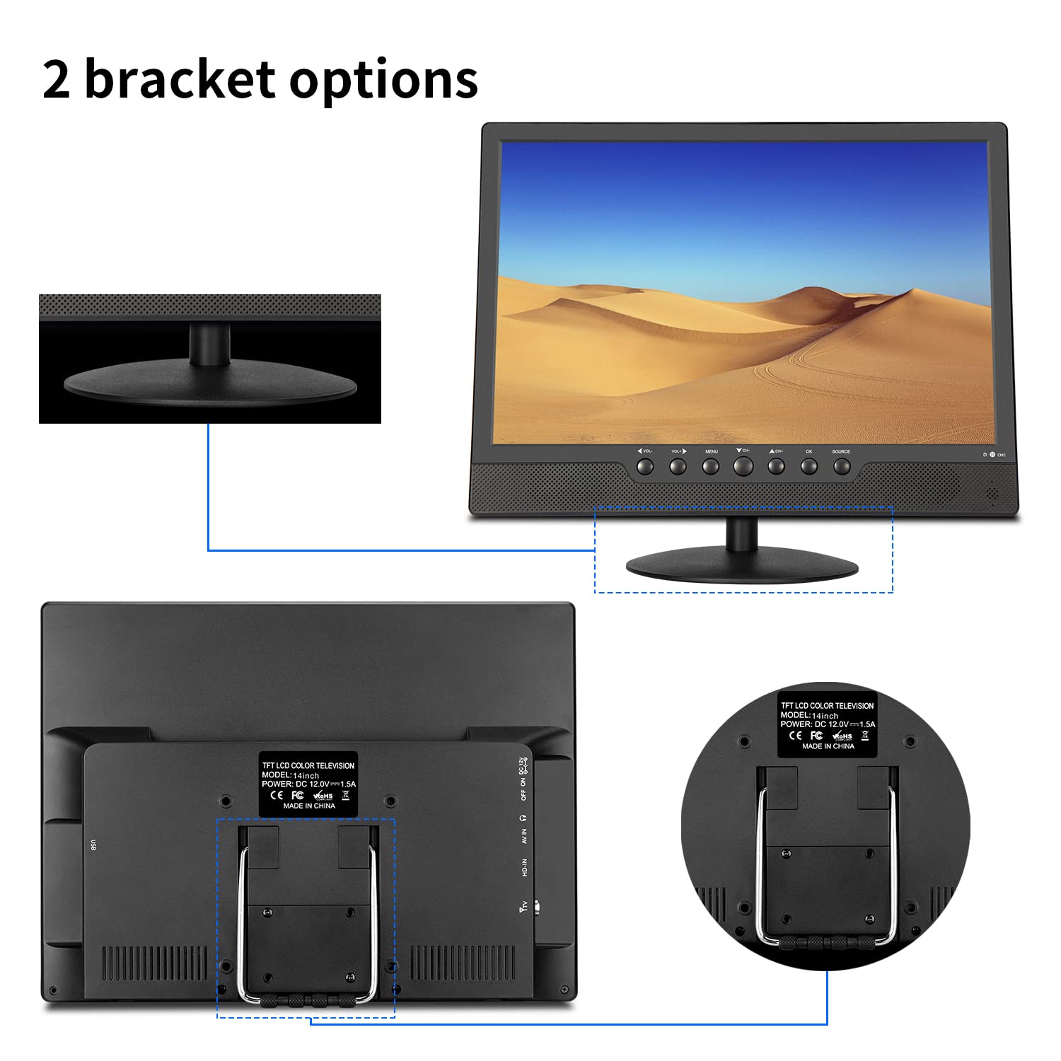 14-inch Portable TV Small Screen with Antenna, HDMI, USB, AV, ATSC Tuner, Battery Operated, Car Cord - Image 5