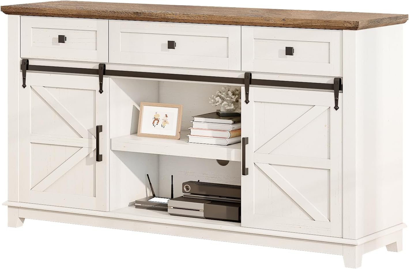59 Inch Rustic White Barnwood Farmhouse TV Stand with Sliding Door and Drawer Buffet Storage - Image 9