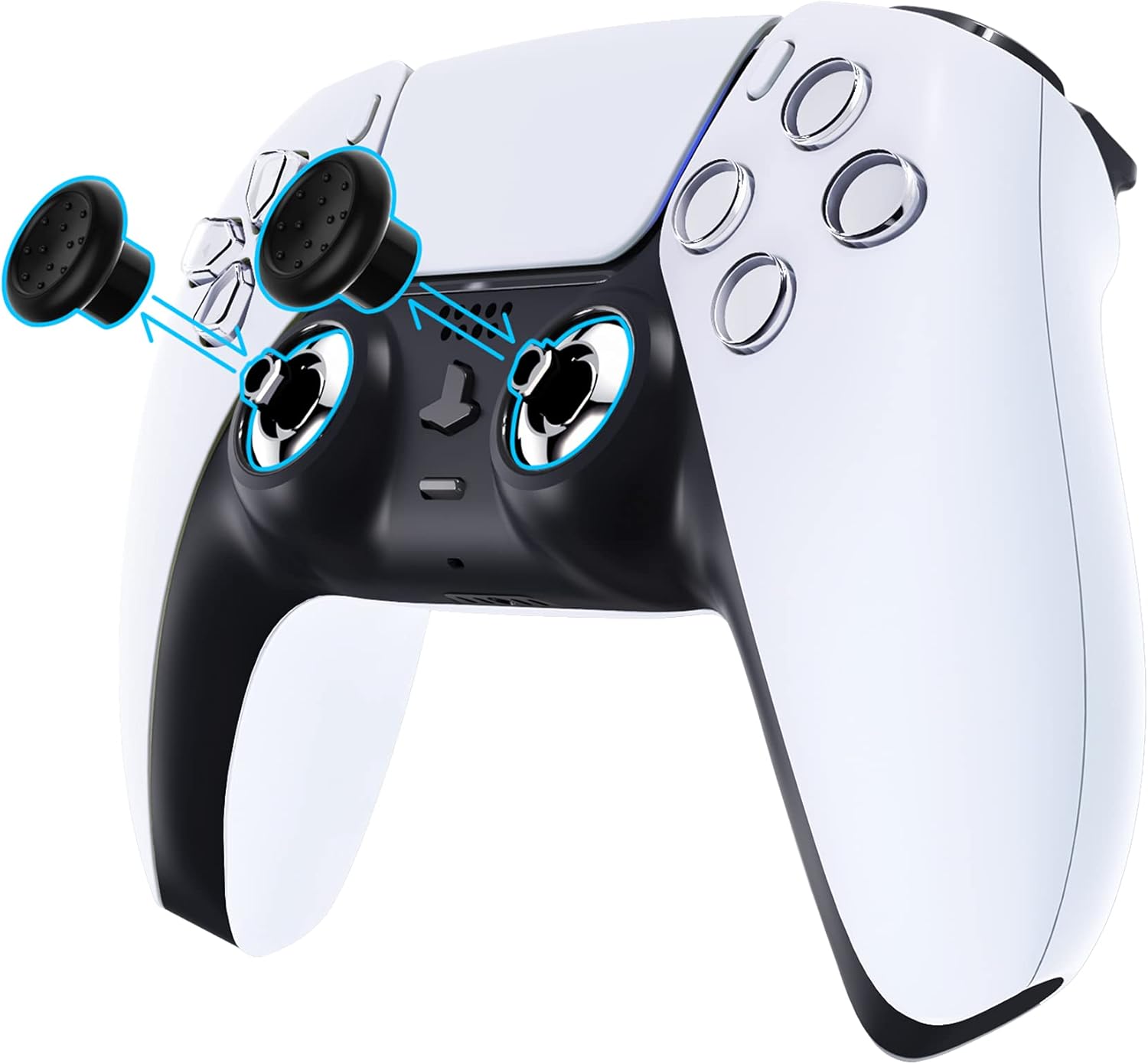 eXtremeRate ThumbsGear Ergonomic Interchangeable Thumbstick Grips for PS5 and PS4 Controllers 3 Height Styles Chrome Silver Black - Image 3