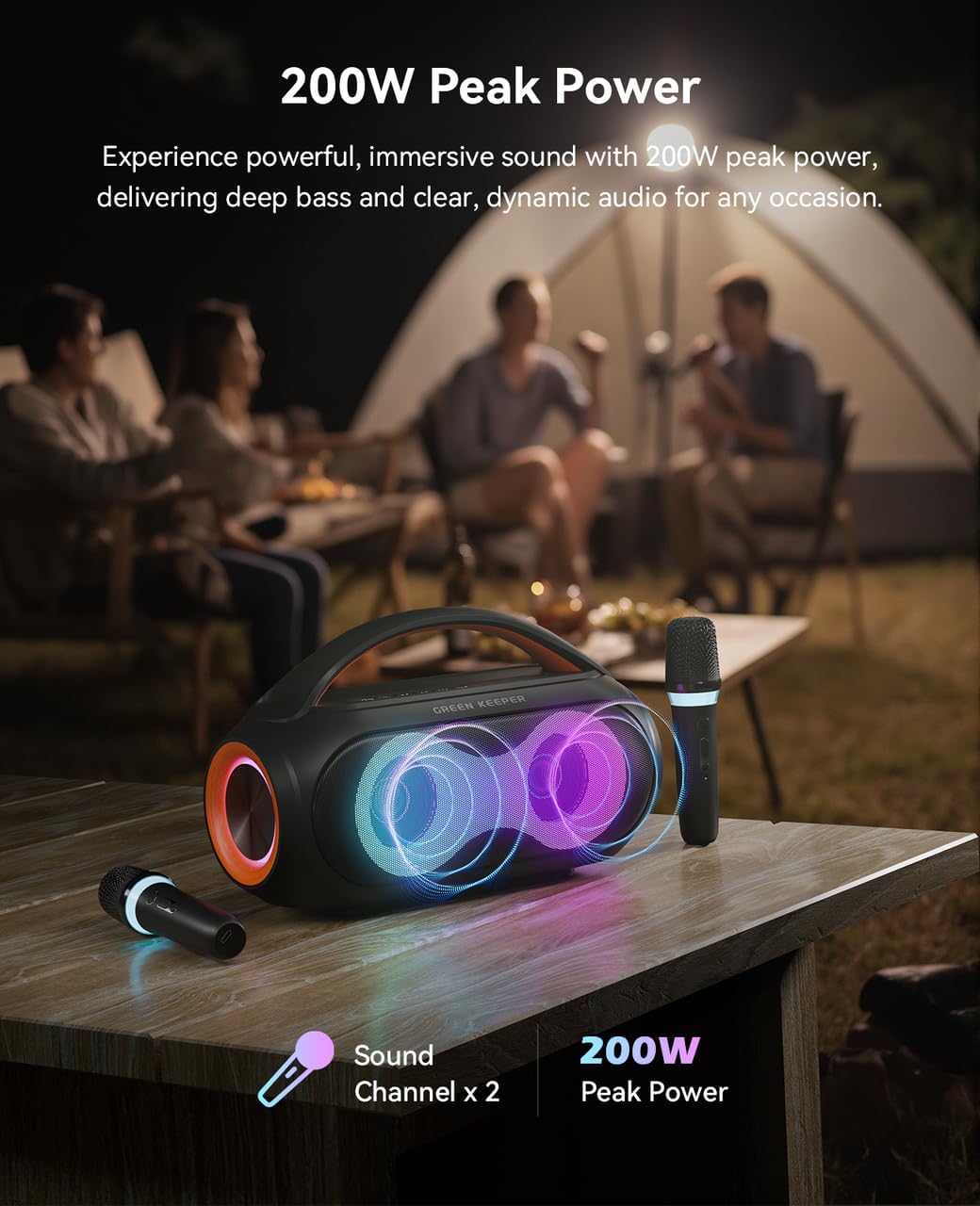 Portable Bluetooth Karaoke Machine for Parties with 2 Wireless Mics, 200W Speaker, Magic Voices & RGB Lights - Image 6