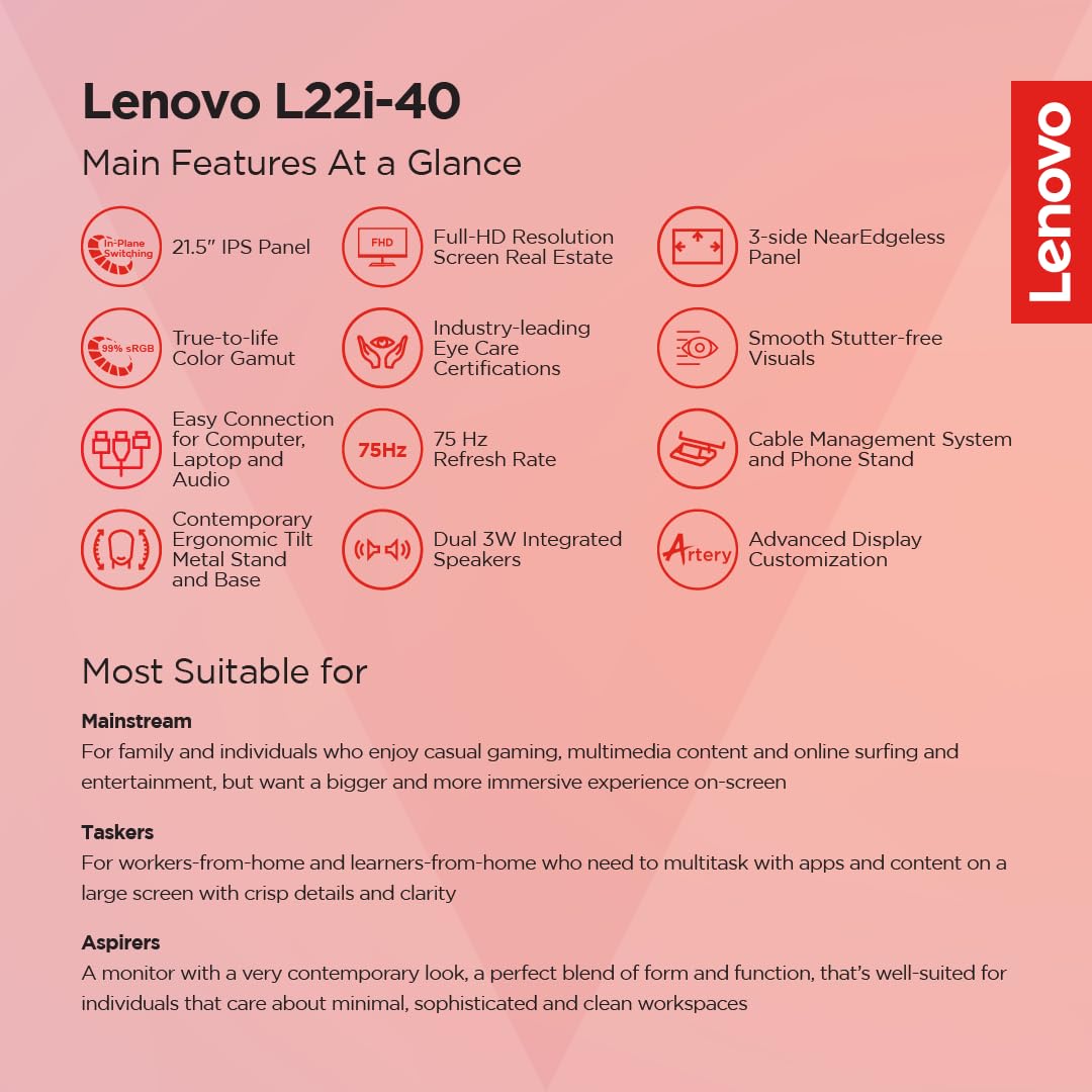 Lenovo L22i-40 22 inch FHD IPS Ultraslim Monitor, 75Hz, 99% sRGB, 4ms, Grey - Image 5
