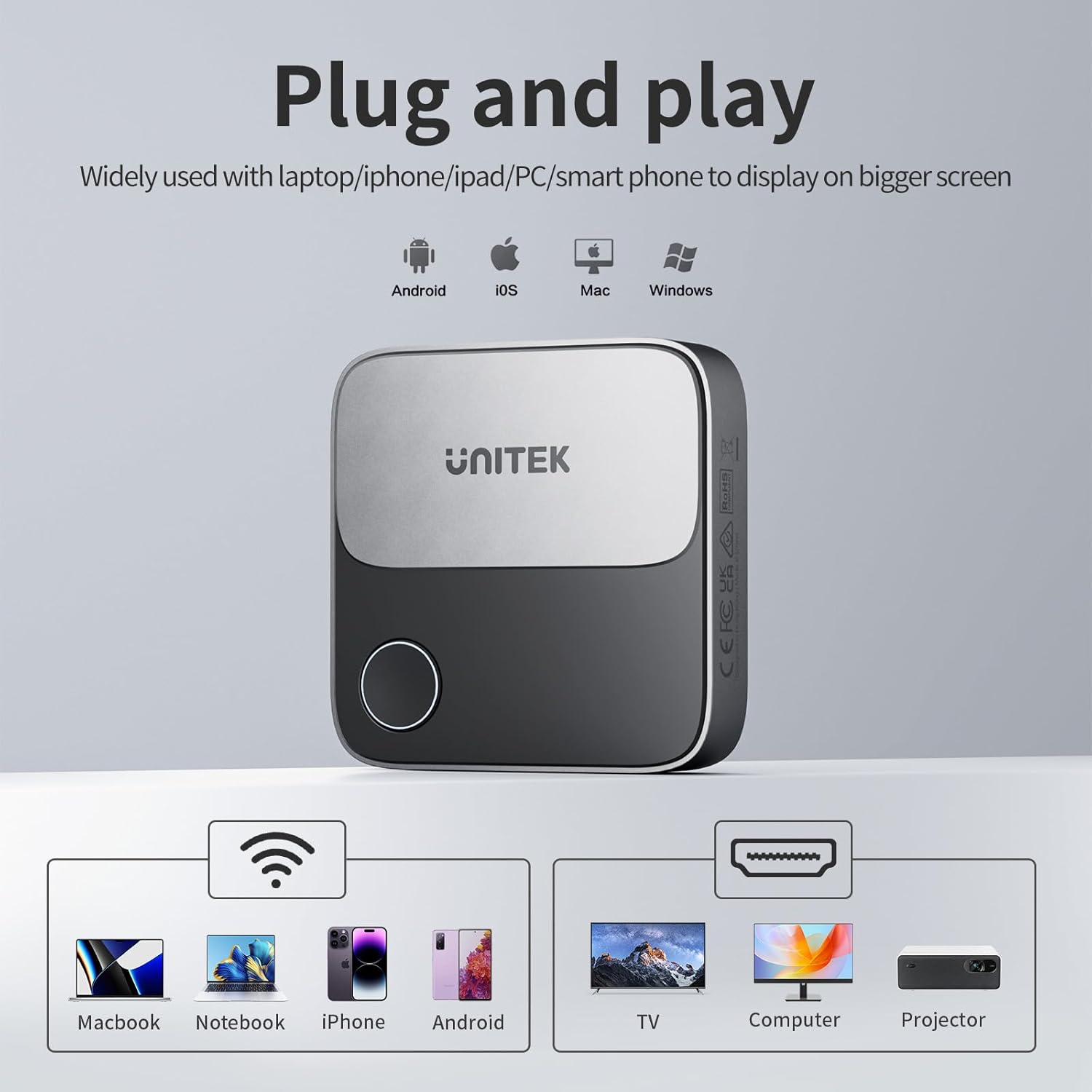Unitek 4K Wireless HDMI Display Dongle Adapter Screen Mirroring Receiver 2.4G/5G for iOS Android Windows - Image 3