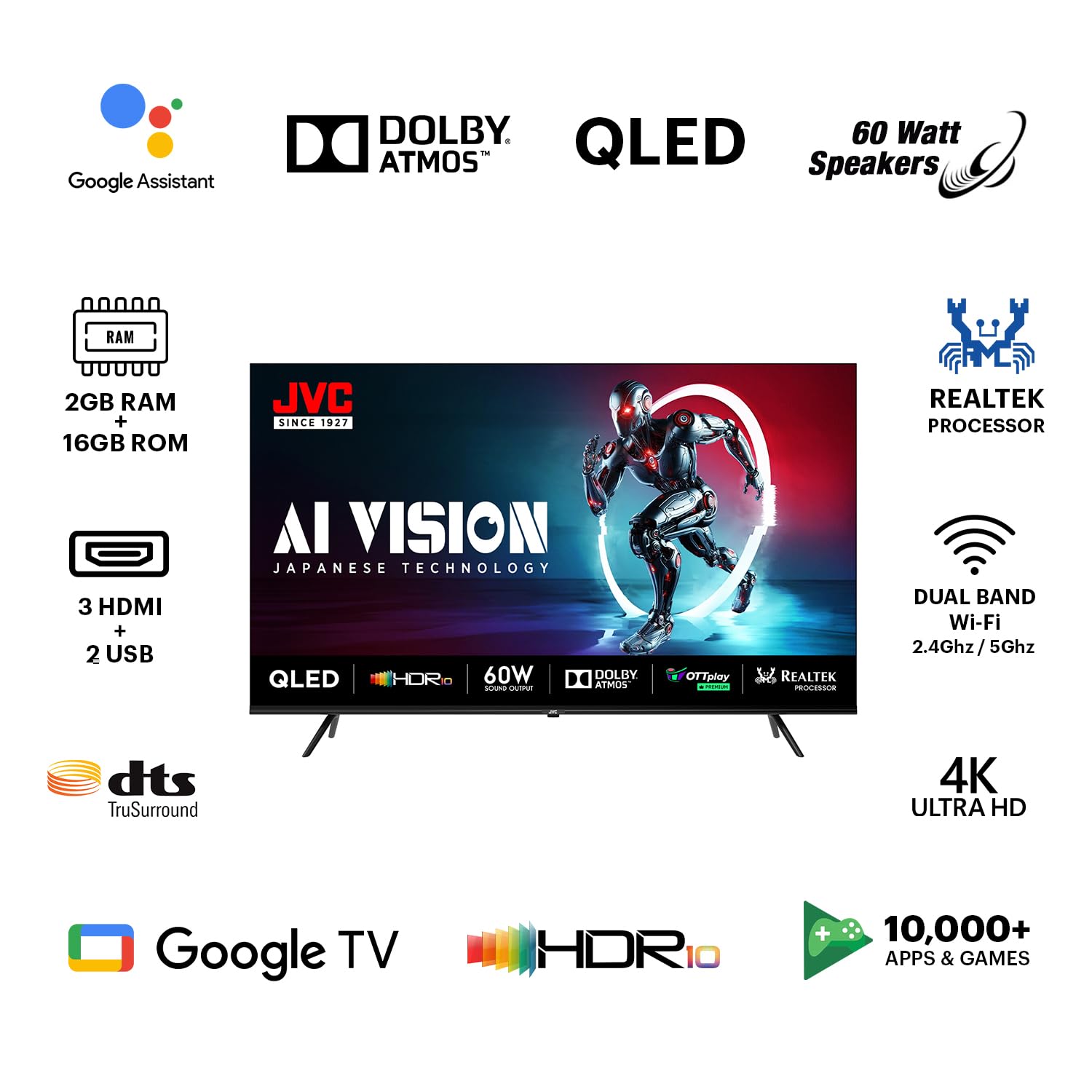 JVC 55 Inch 140cm QLED Google TV AI Vision Series LT-55NQ7165C Black - Image 2