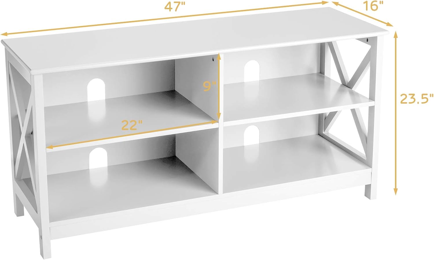 Tangkula White Farmhouse TV Stand Entertainment Center, 47 Inch, 4 Open Shelves, X-Frame - Image 4