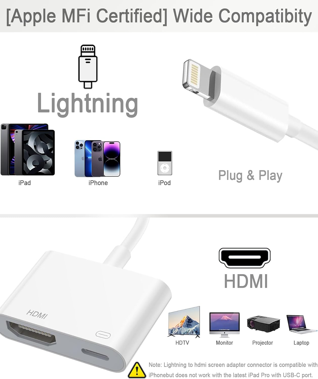 Apple MFi Certified Lightning to HDMI Digital AV Adapter 1080P Sync Screen Cable with Charging Port for iPhone TV Monitor - Image 3