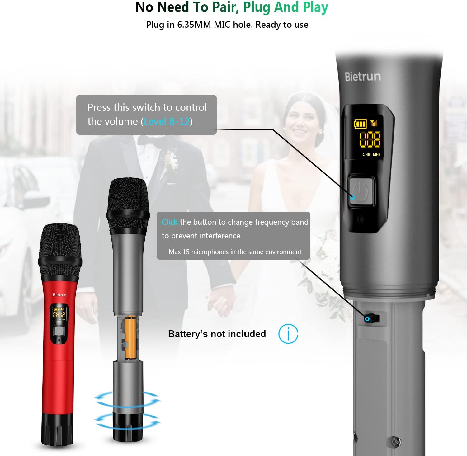 Bietrun Dual UHF Wireless Handheld Microphone System Set with Rechargeable Receiver 1/4 Inch Output - Image 5