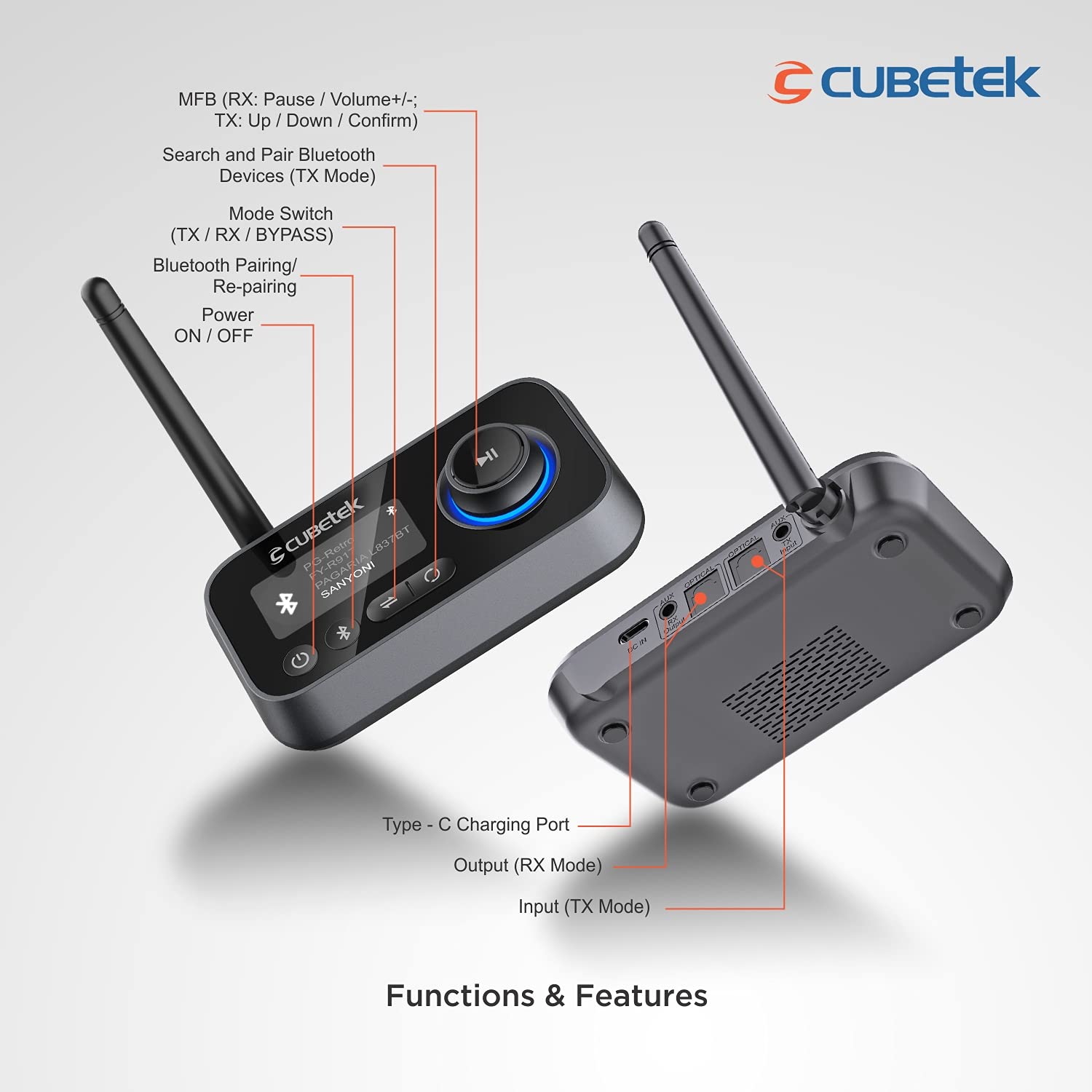 Cubetek CB-BT27 3-in-1 Bluetooth Transmitter Receiver V5.0 LCD Bypass Audio Adapter Dual Link - Image 7