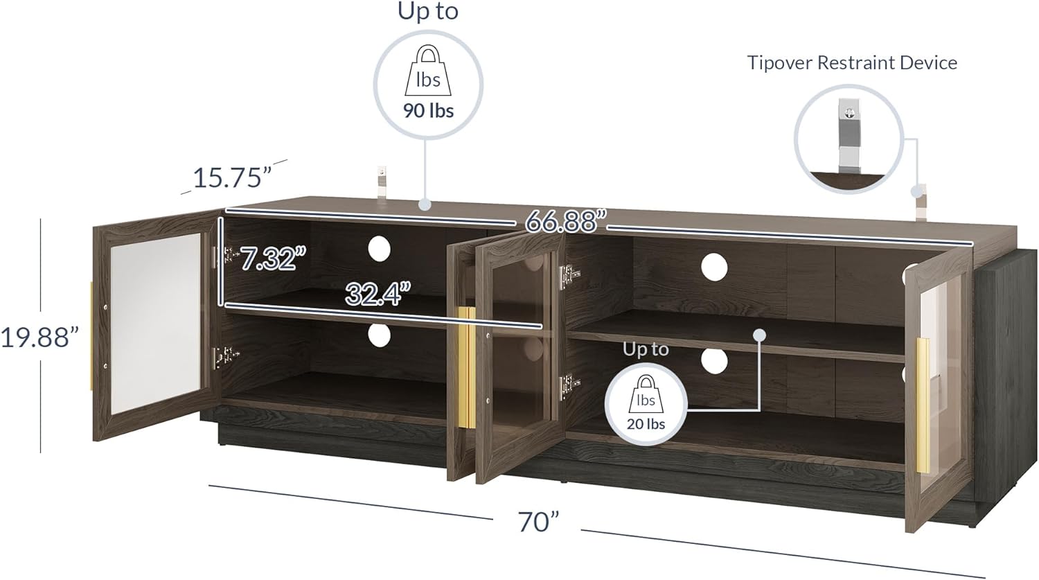 BELLEZE Brixston 70 Inch Modern Wood TV Stand for TVs up to 75 Inch Brown - Image 7