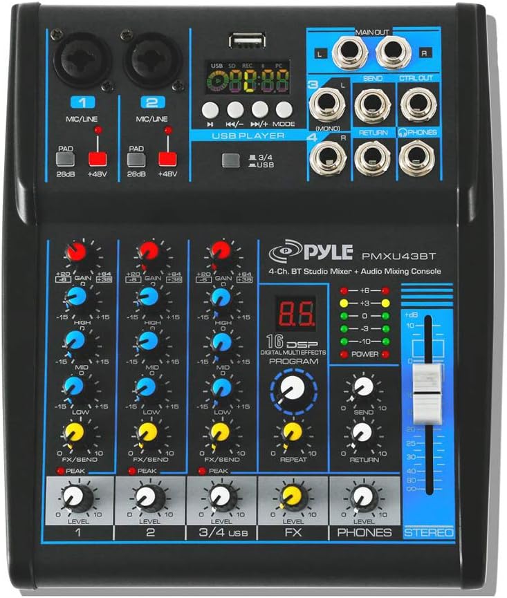 Pyle PMXU43BT 4 Channel Bluetooth USB DJ Studio Audio Mixer with 16-Bit DSP FX - Image 2