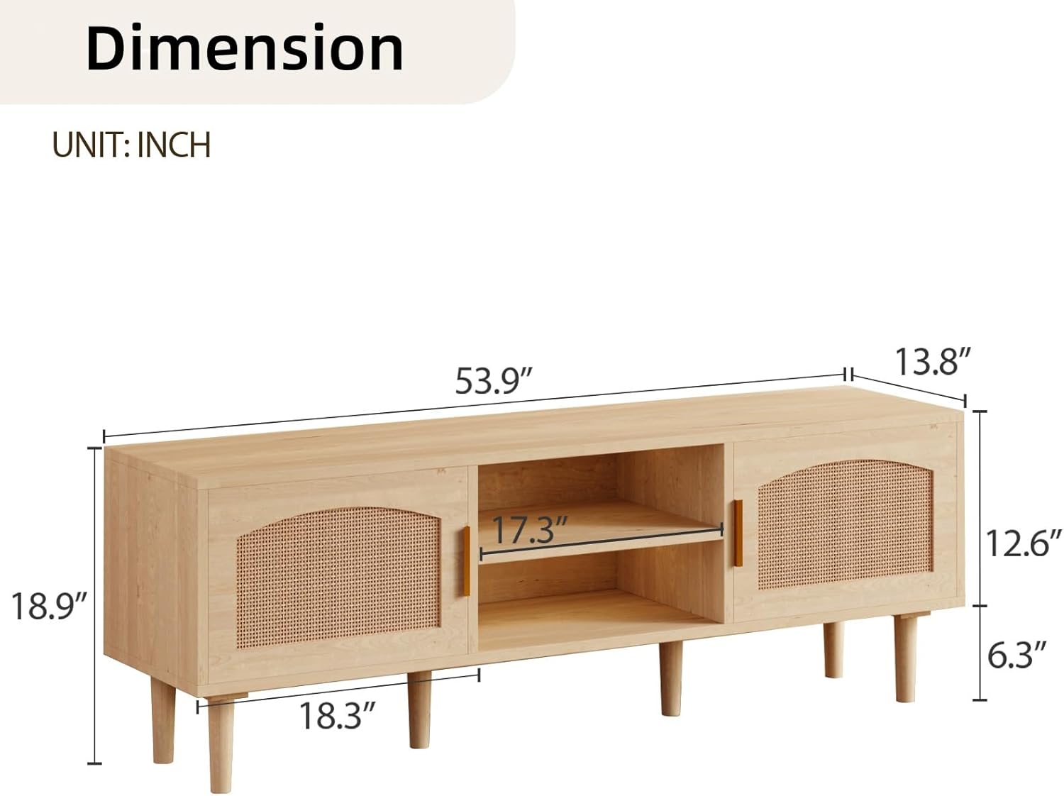 Natural Wood Fluted Entertainment Center TV Stand for TVs up to 60 Inches with Rattan Doors - Image 2