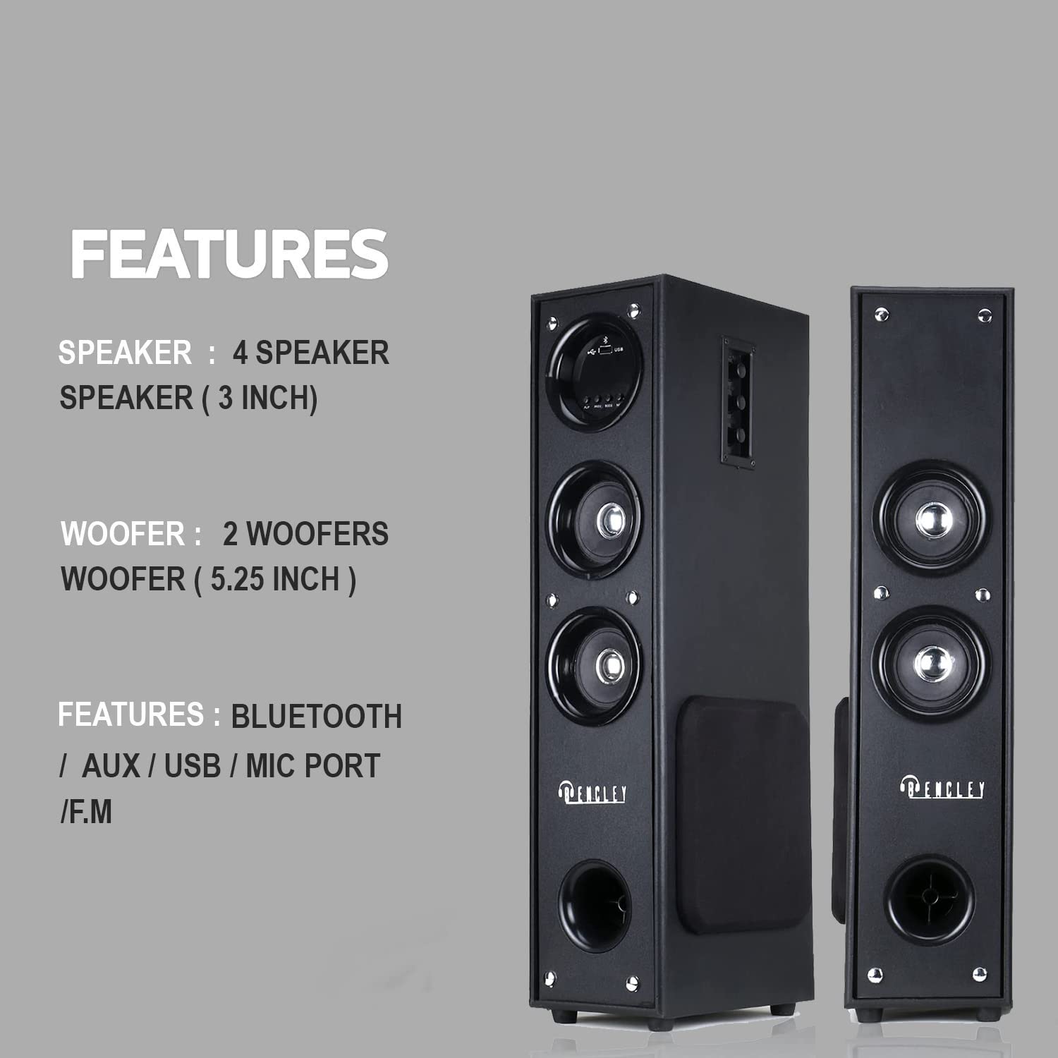 BENCLEY 64cm Height Double Tower Bluetooth Multimedia Home Theater Speakers with FM and Pen Drive Support - Image 4