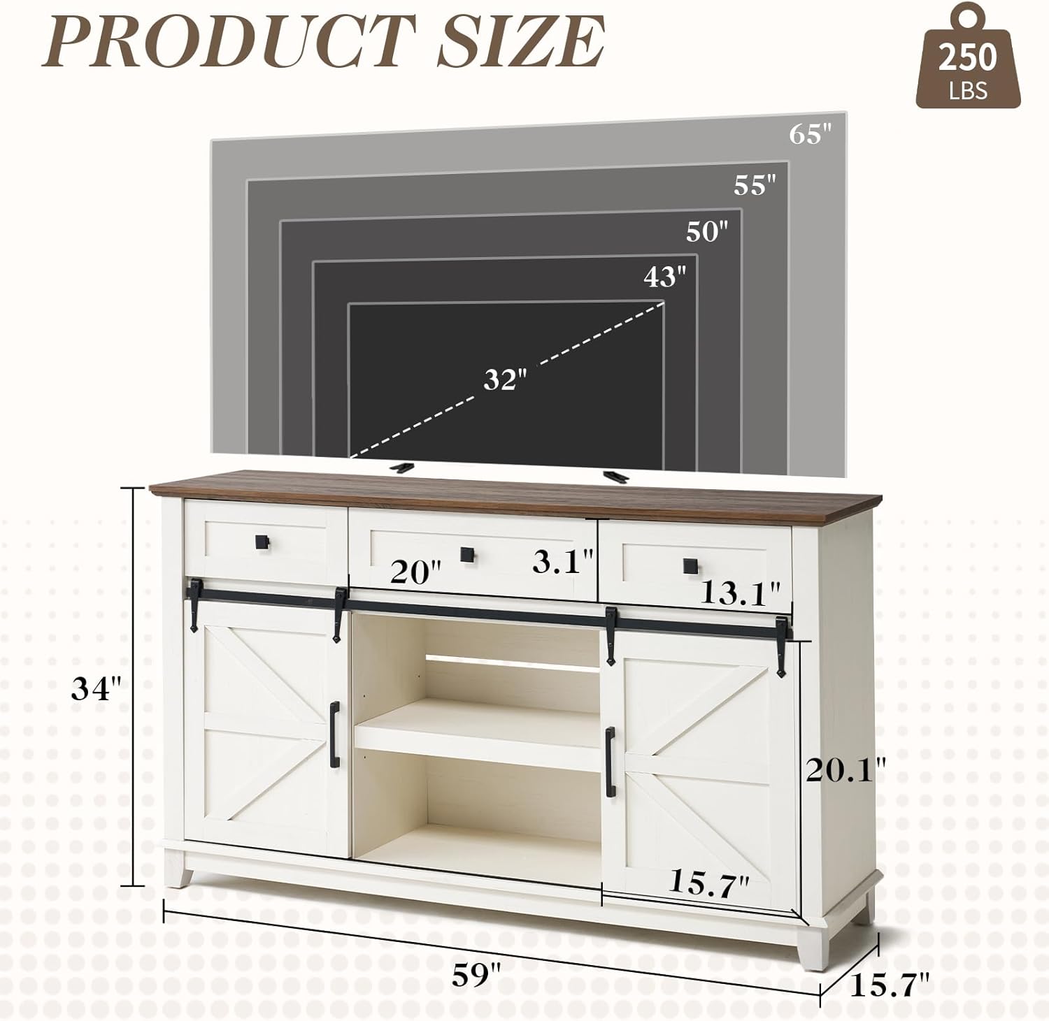 59 Inch Rustic White Barnwood Farmhouse TV Stand with Sliding Door and Drawer Buffet Storage - Image 2