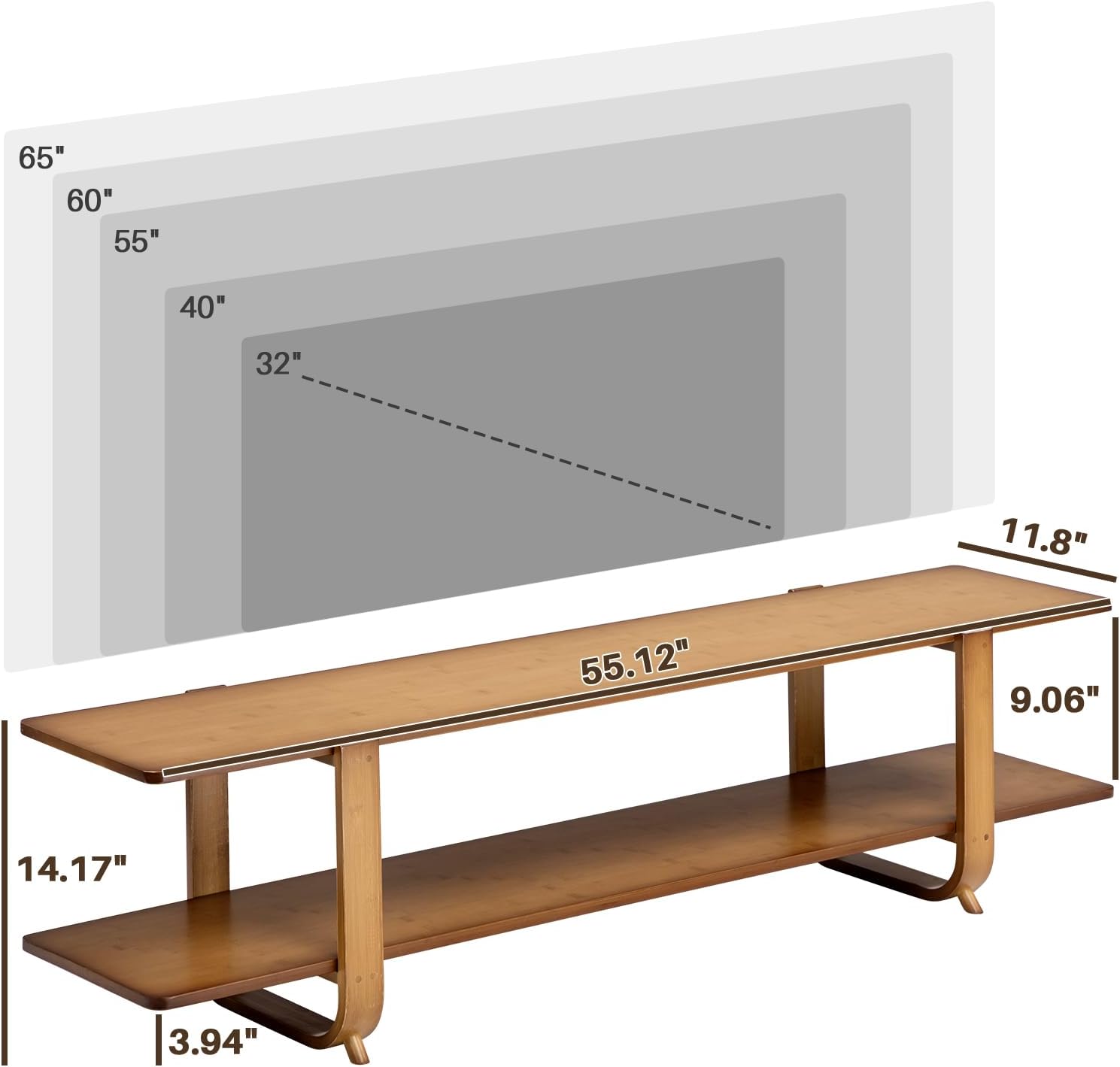 HollyHOME 55-inch Bamboo Modern TV Stand Walnut finish 2 Open Shelf Entertainment Center - Image 2