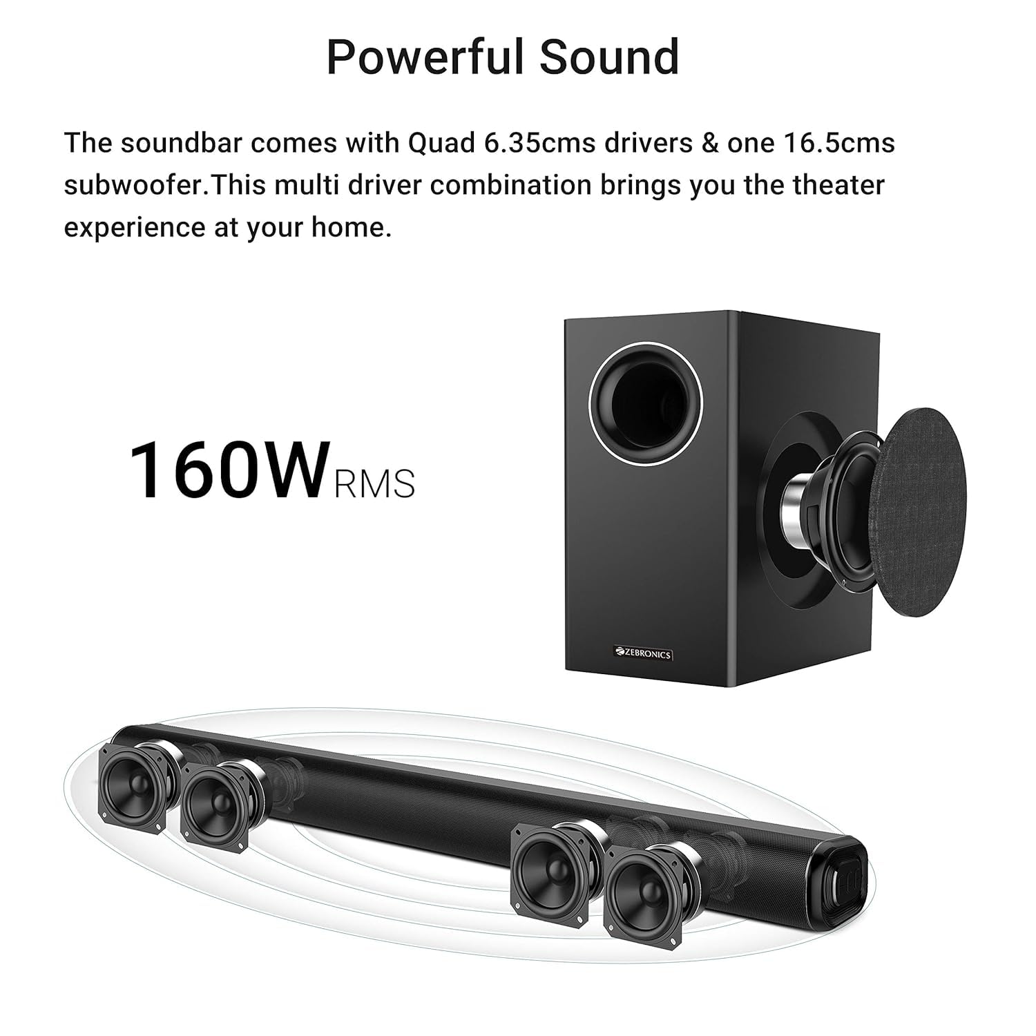 Zebronics ZEB-JUKE BAR 6000 DWS PRO 160W 2.1 Channel Bluetooth Home Theater Soundbar with Wireless Subwoofer and Wall Mount - Image 7