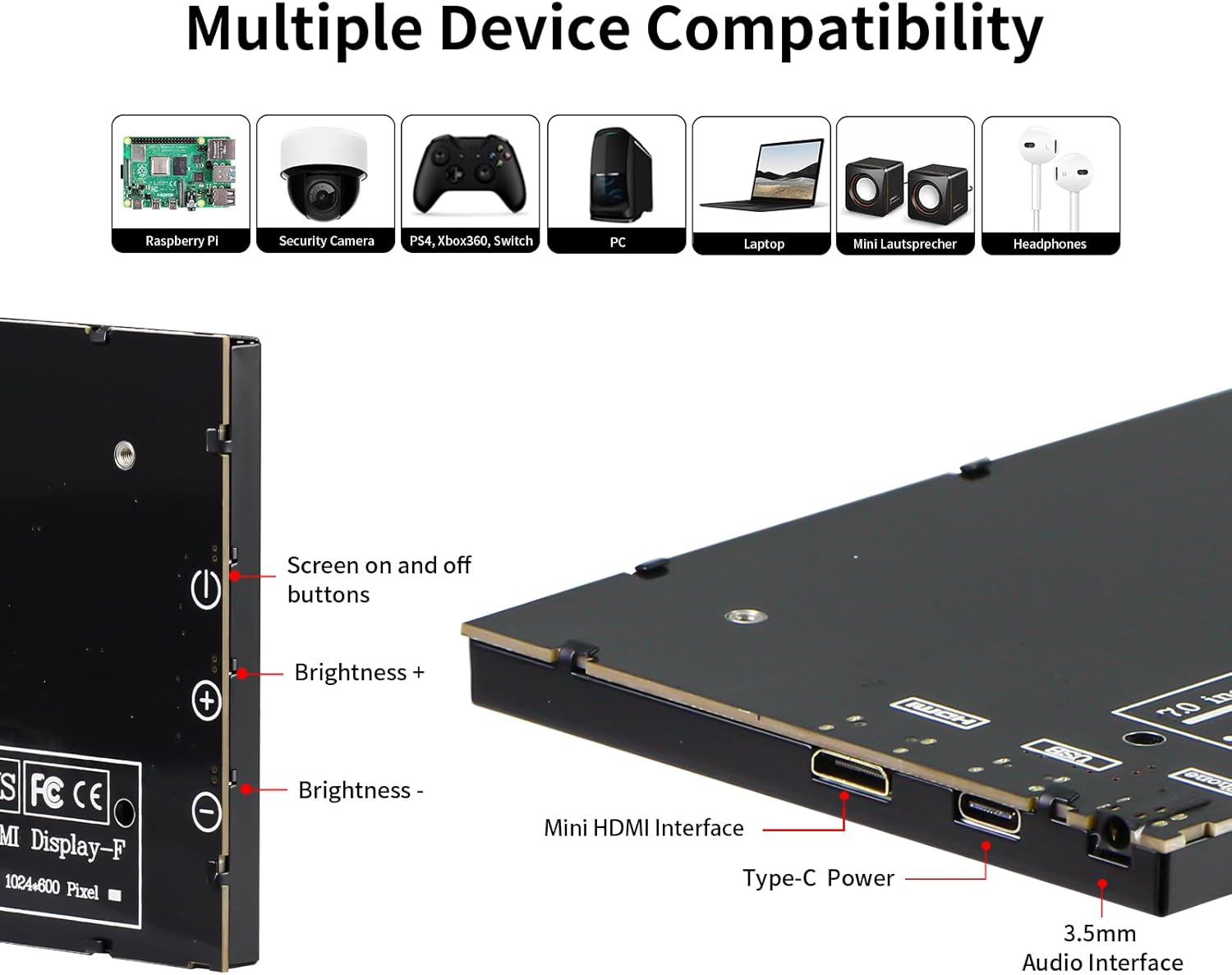 CUQI 7 Inch IPS Portable HDMI Monitor 1024x600 with Leather Stand for Raspberry Pi Laptop PC Xbox PS4 - Image 6