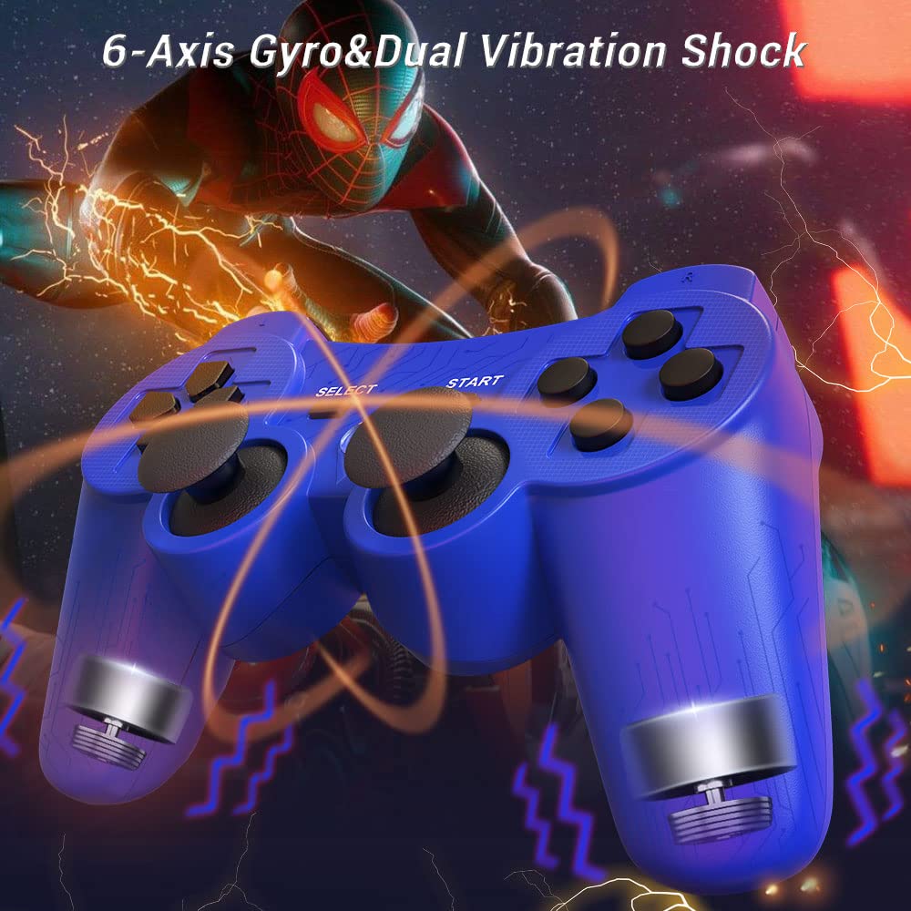 OKHAHA 2 Pack PS3 Wireless Controllers for Sony Playstation 3 Double Shock 3 Rechargeable Motion Sensor Remote Blue Red Stripes - Image 5