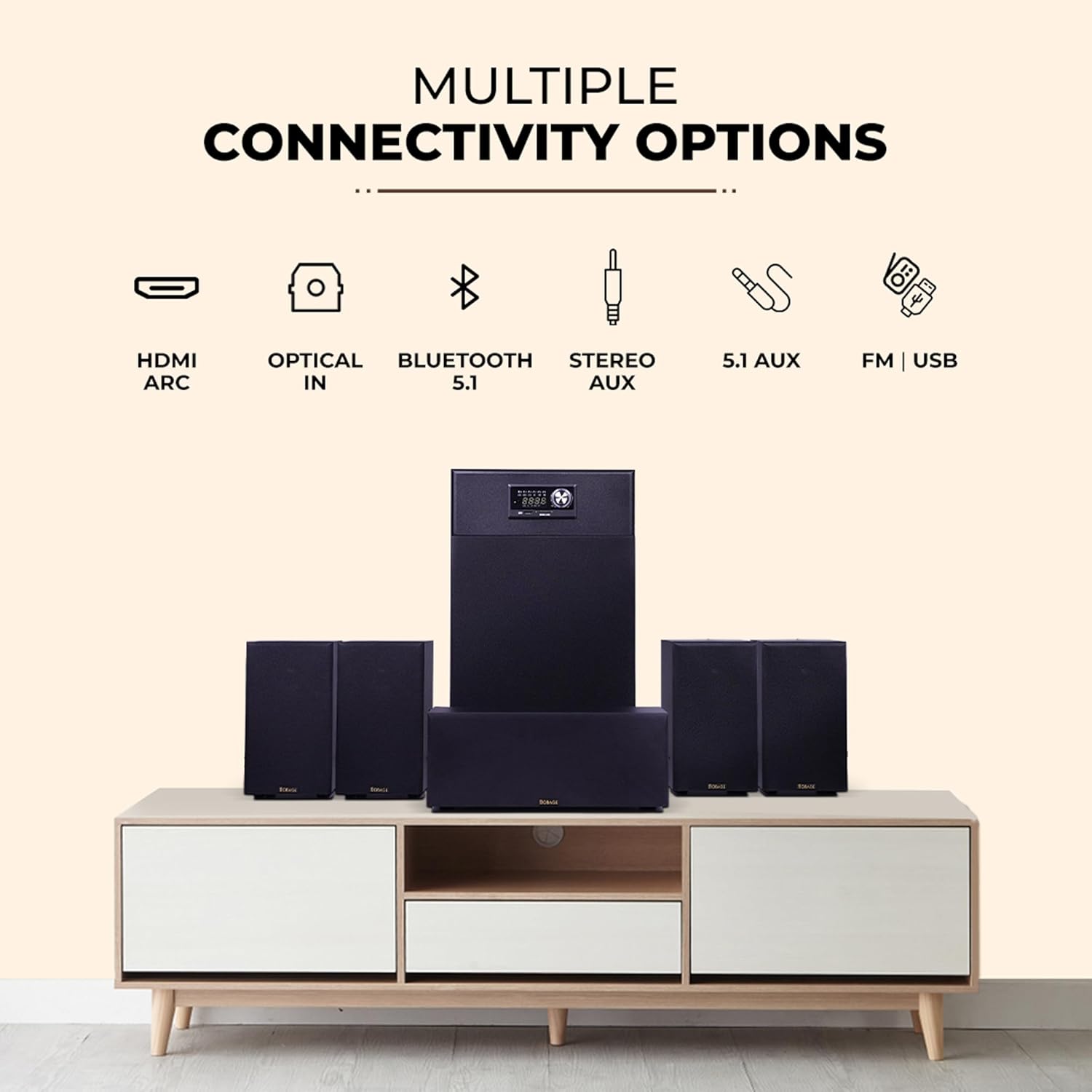 OBAGE New 5.1 CH Home Theater System 200W, 8" Subwoofer, BT v5.3, HDMI ARC, Dark Black - Image 4